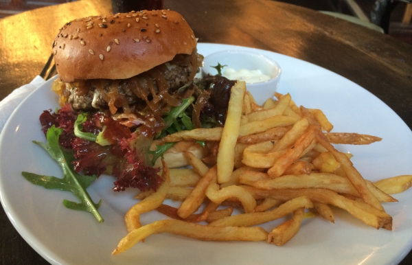 The Temple Bar's burger and fries. Fries are on a plate not in a bowl as they should be!